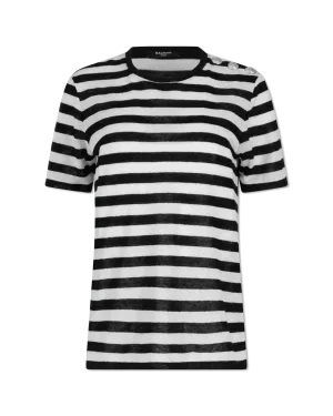 3 Button Striped Linen T-Shirt