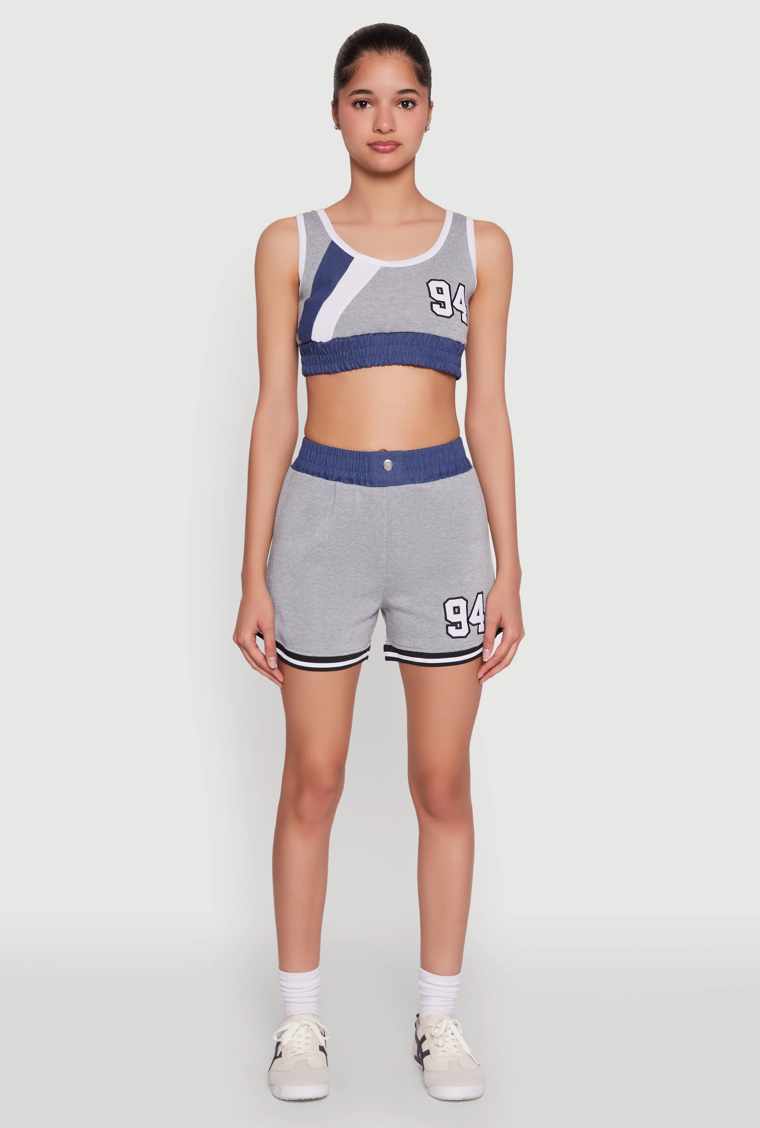 94 Graphic Denim Trim Crop Top