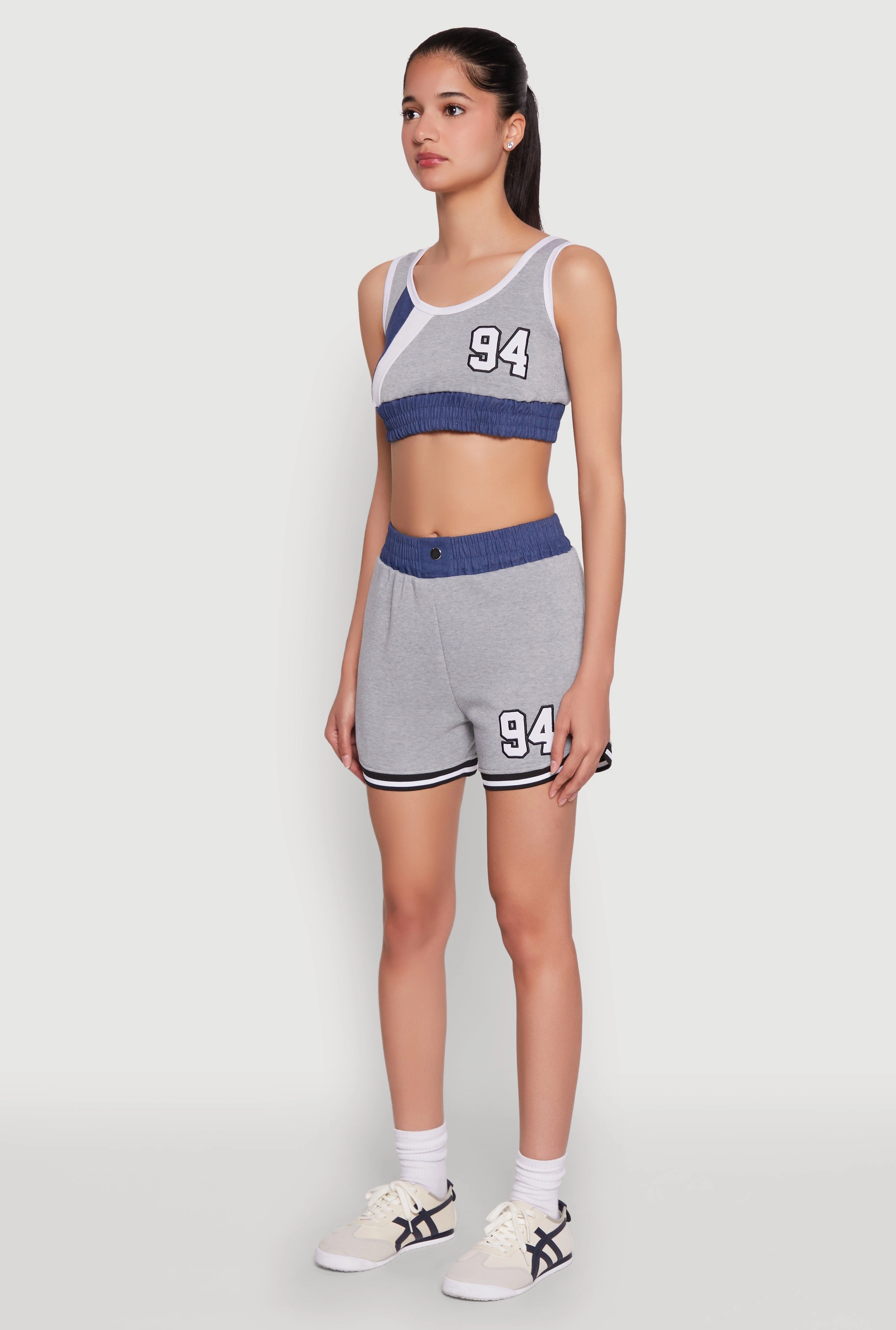 94 Graphic Denim Trim Crop Top
