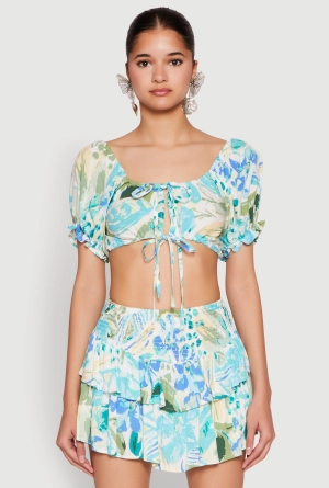 Abstract Print Drawstring Keyhole Crop Top