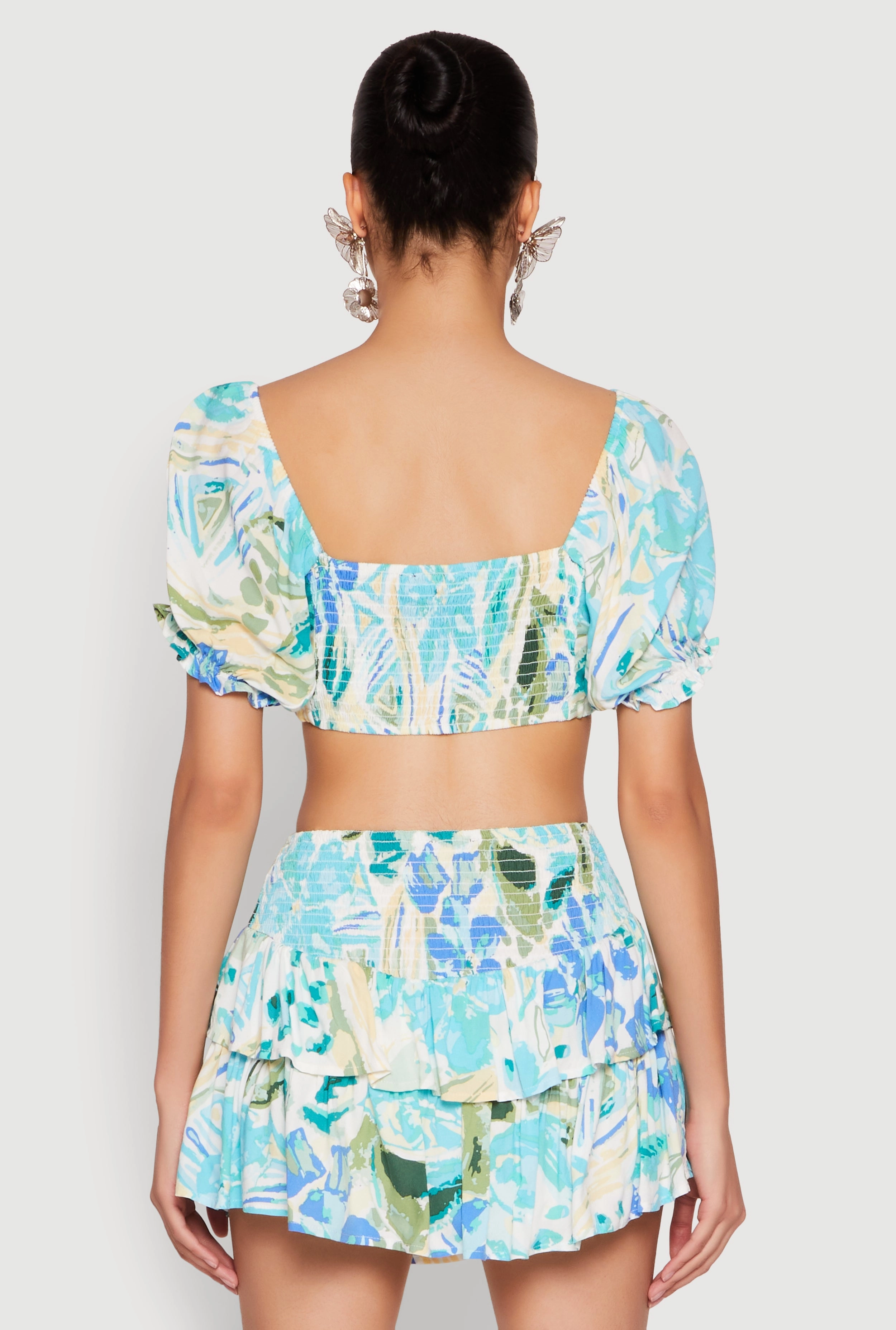 Abstract Print Drawstring Keyhole Crop Top