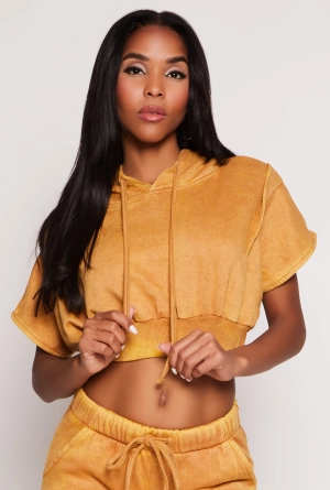 Acid Wash Short Sleeve Cropped Hoodie