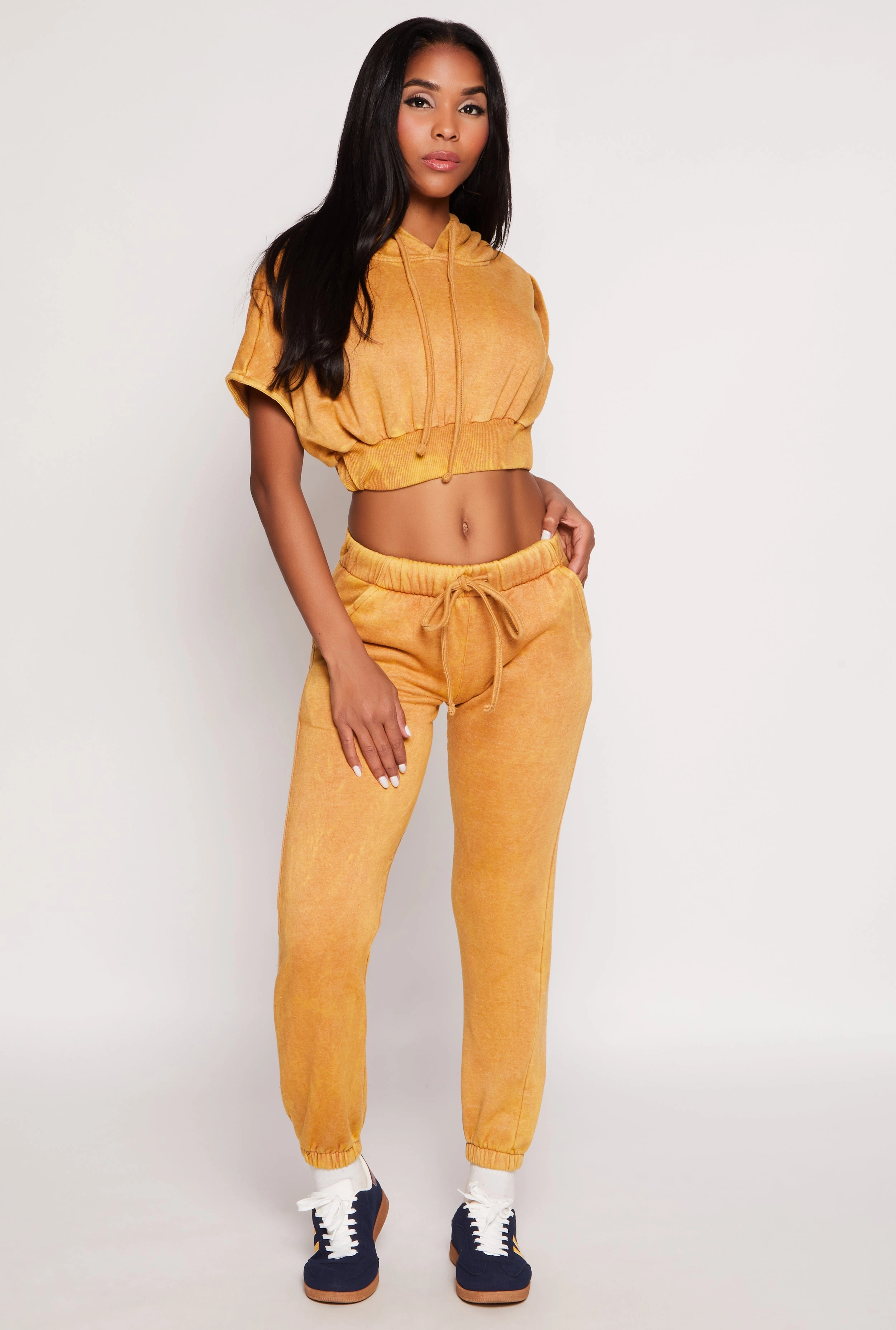 Acid Wash Short Sleeve Cropped Hoodie