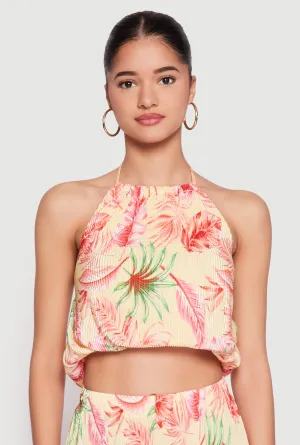 Almost Famous Plisse Tropical Print Halter Crop Top
