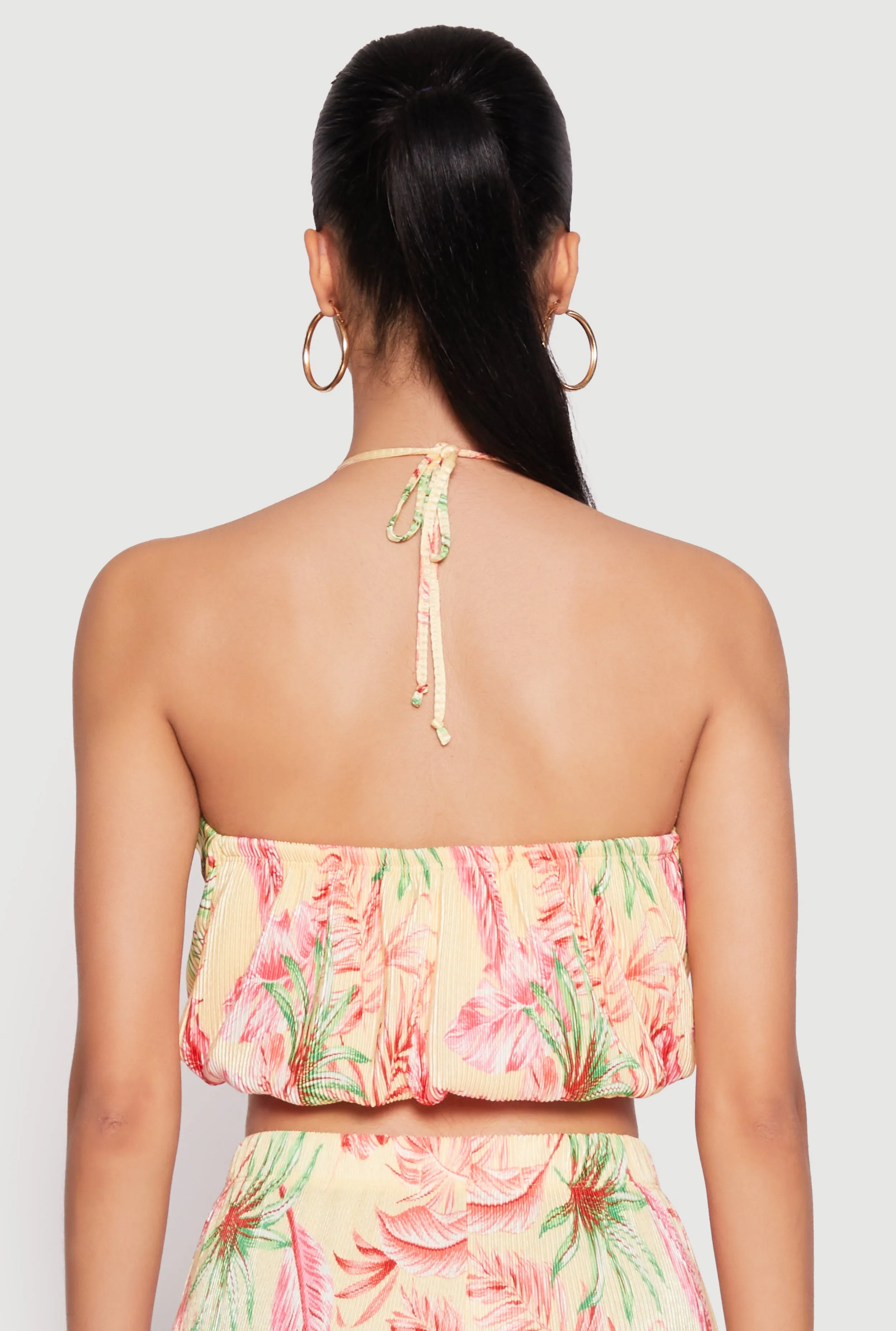 Almost Famous Plisse Tropical Print Halter Crop Top