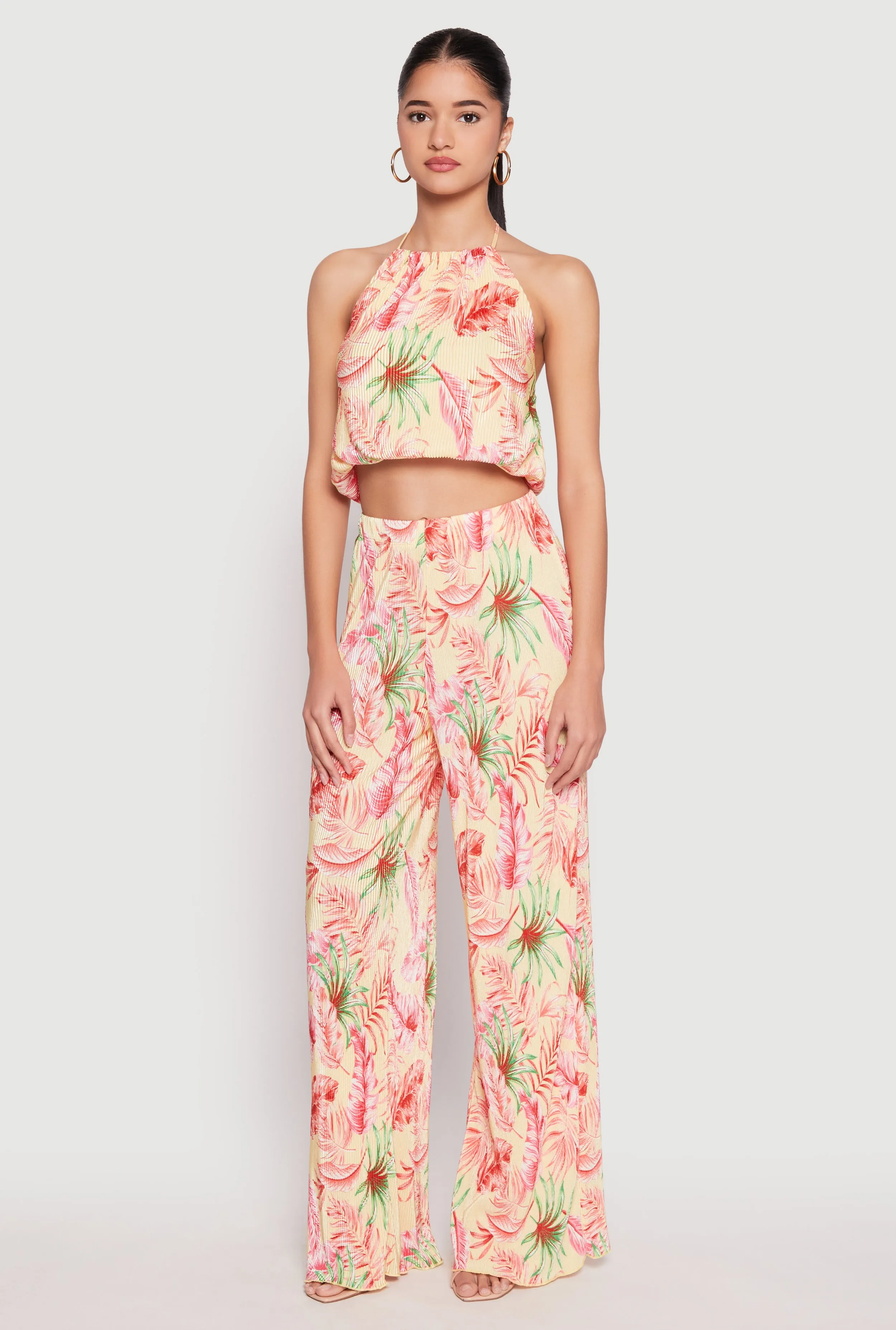 Almost Famous Plisse Tropical Print Halter Crop Top