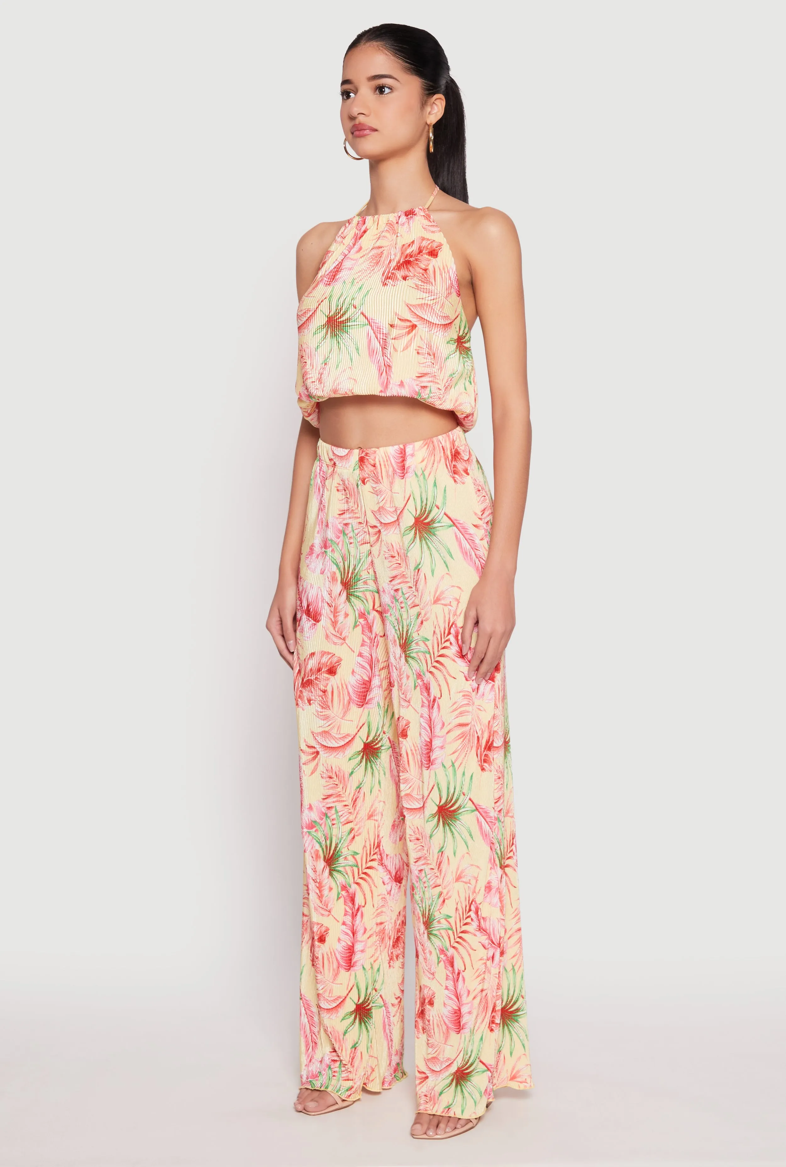 Almost Famous Plisse Tropical Print Halter Crop Top
