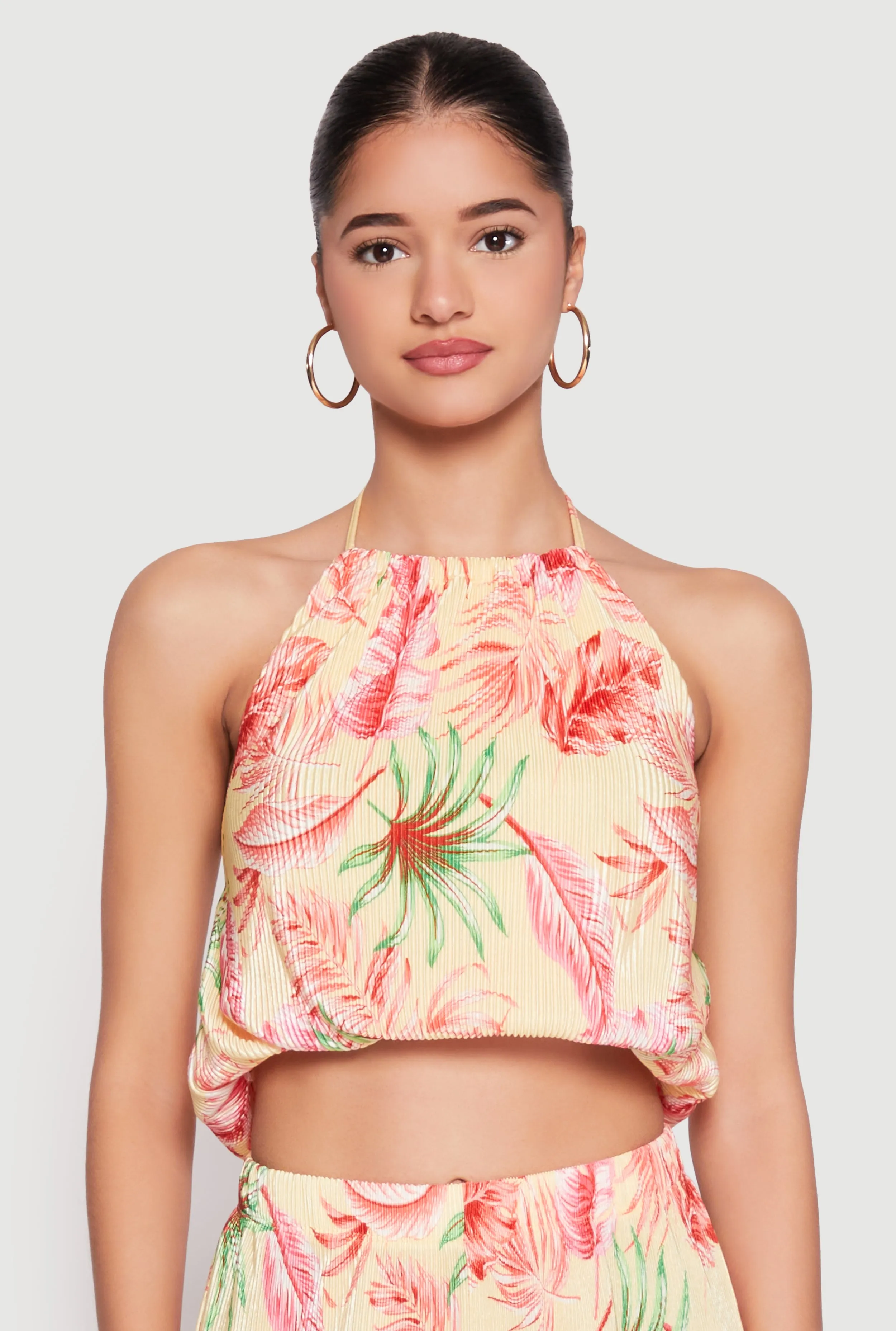 Almost Famous Plisse Tropical Print Halter Crop Top
