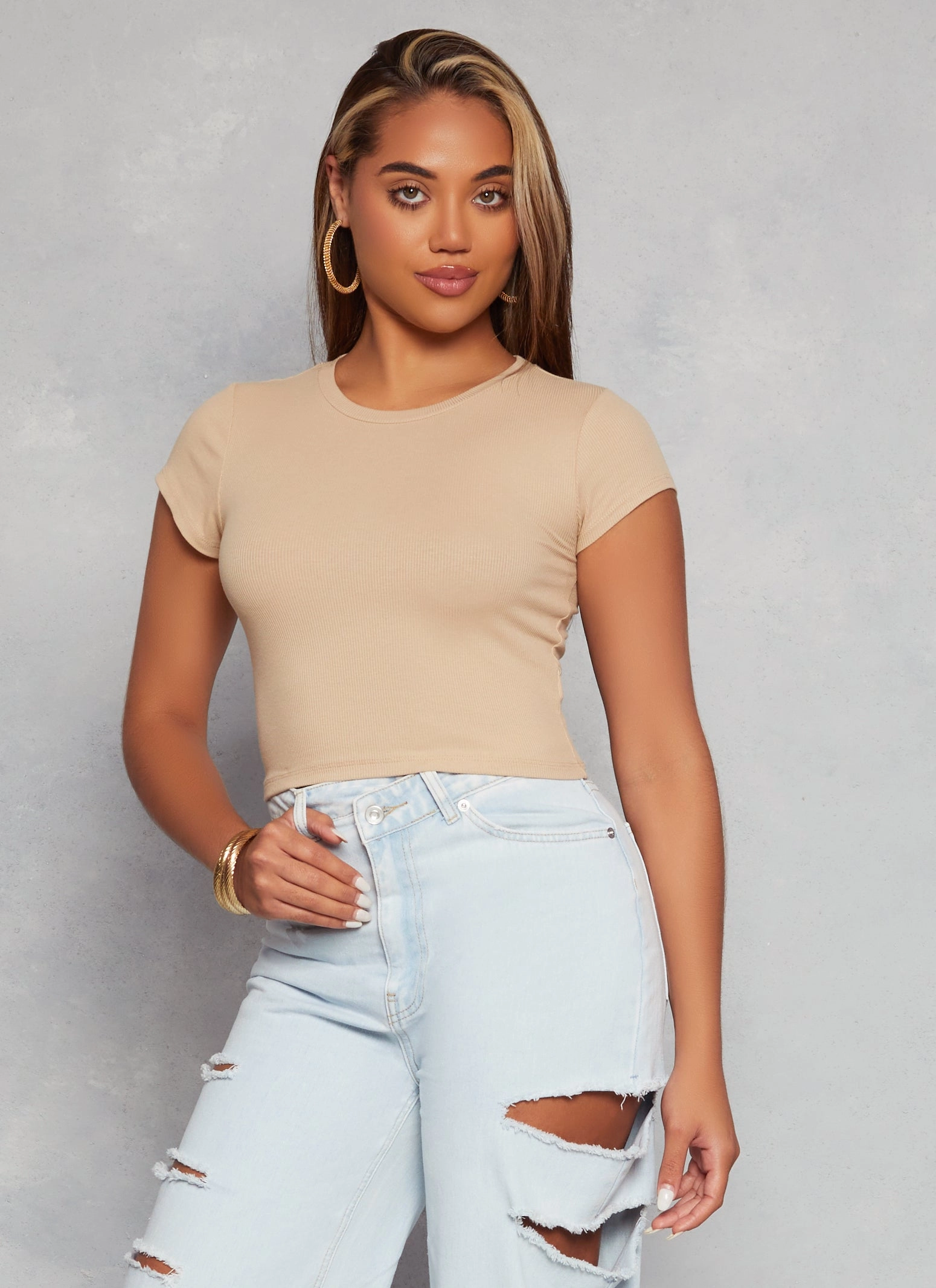 Ambiance Ribbed Knit Crew Neck Crop Top