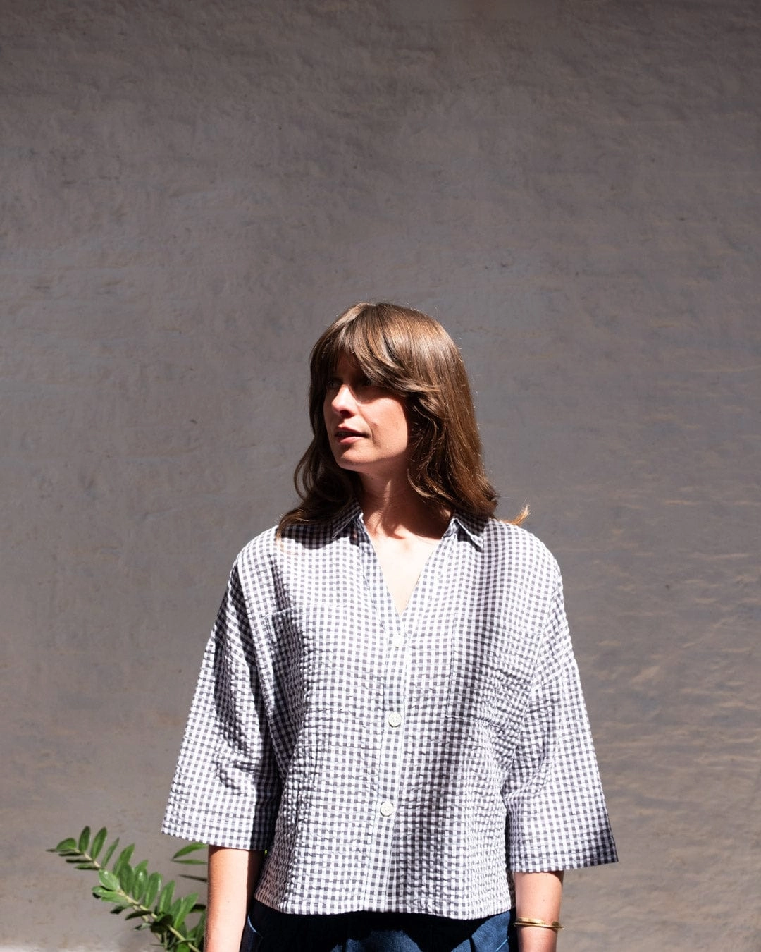 Ava Women's Cotton Blouse | Dove Grey Gingham Check