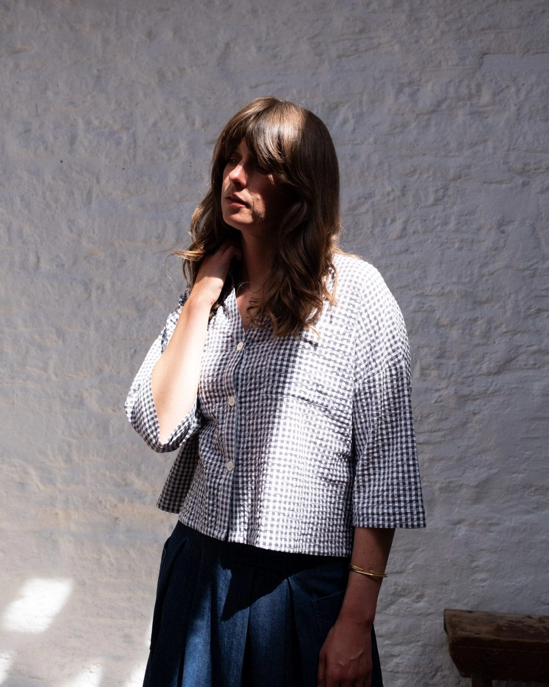 Ava Women's Cotton Blouse | Dove Grey Gingham Check