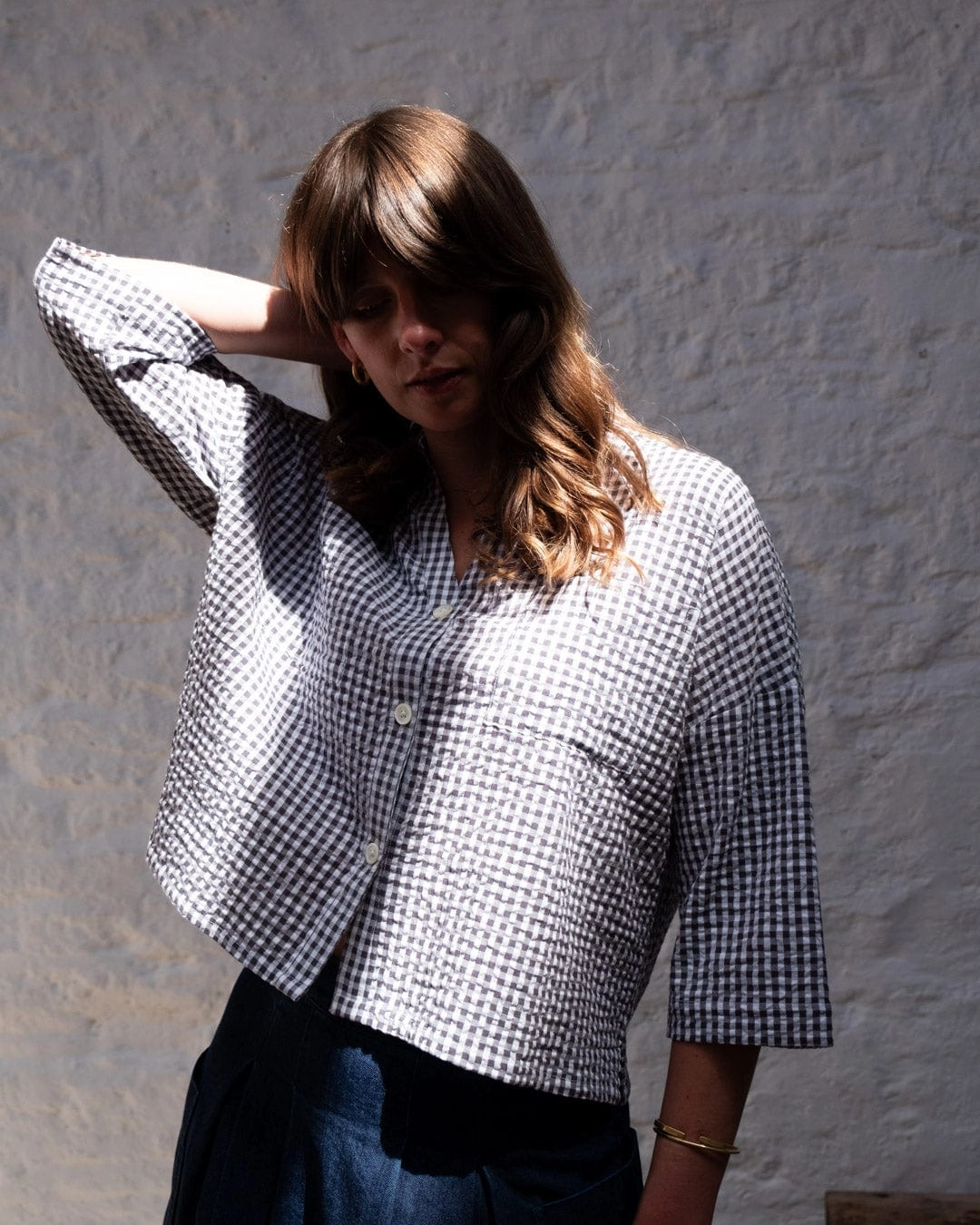 Ava Women's Cotton Blouse | Dove Grey Gingham Check