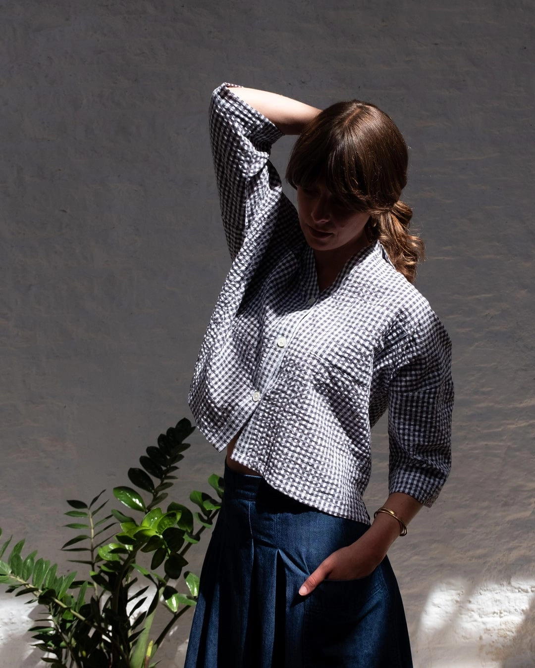 Ava Women's Cotton Blouse | Dove Grey Gingham Check
