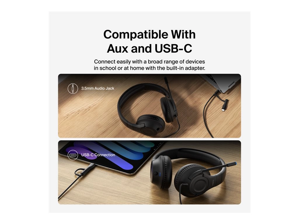 Belkin SoundForm Inspire - Headset - full size - wired - 3.5 mm jack, USB-C - black AUD007FQBK