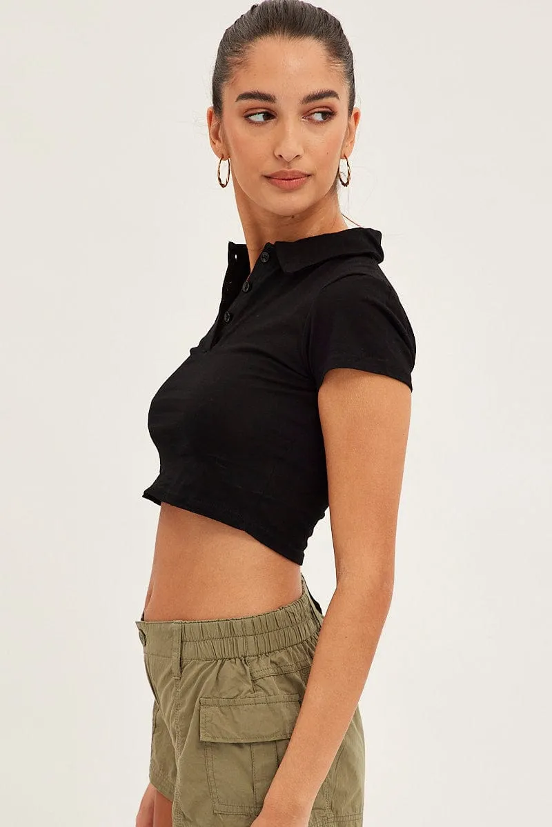 Black Crop Polo Short Sleeve