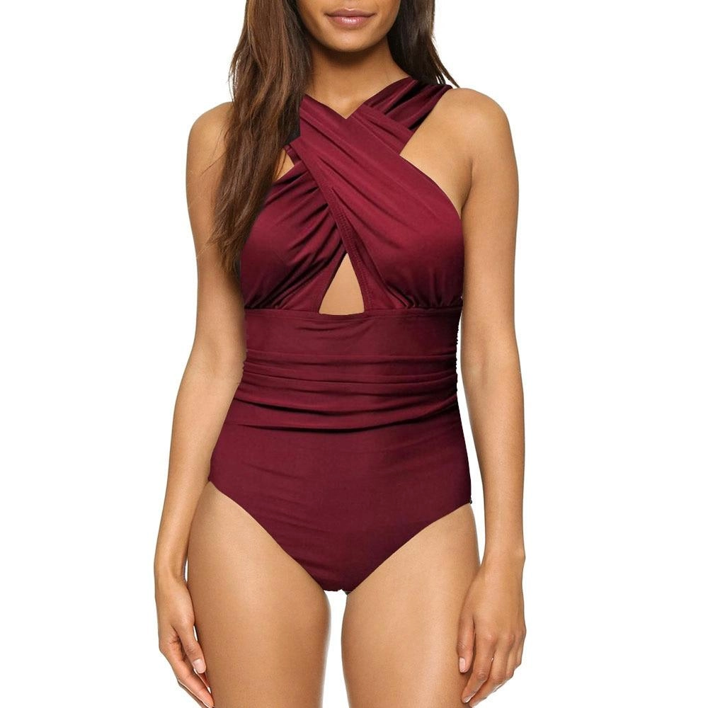 Black Red Sexy Cross Halter Women Swimwear one piece swimsuit Solid