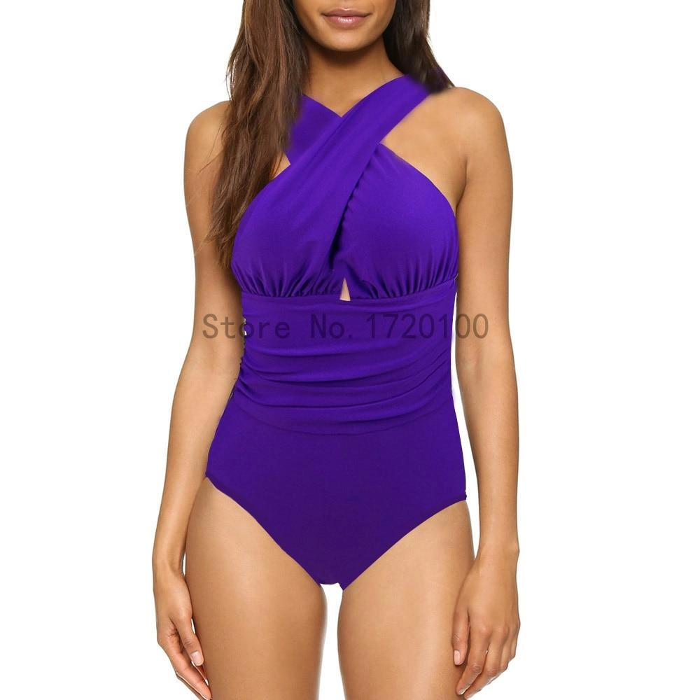 Black Red Sexy Cross Halter Women Swimwear one piece swimsuit Solid