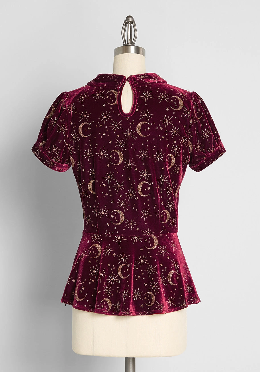 Crescents and Crimson Velvet Peplum Top