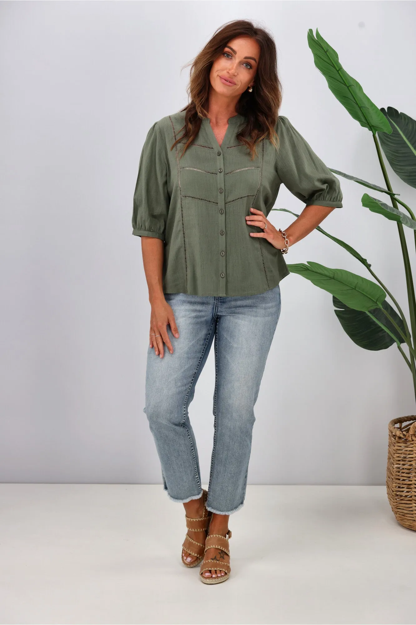 Gloss by Shine On Odette Linen Look Shirt Sage