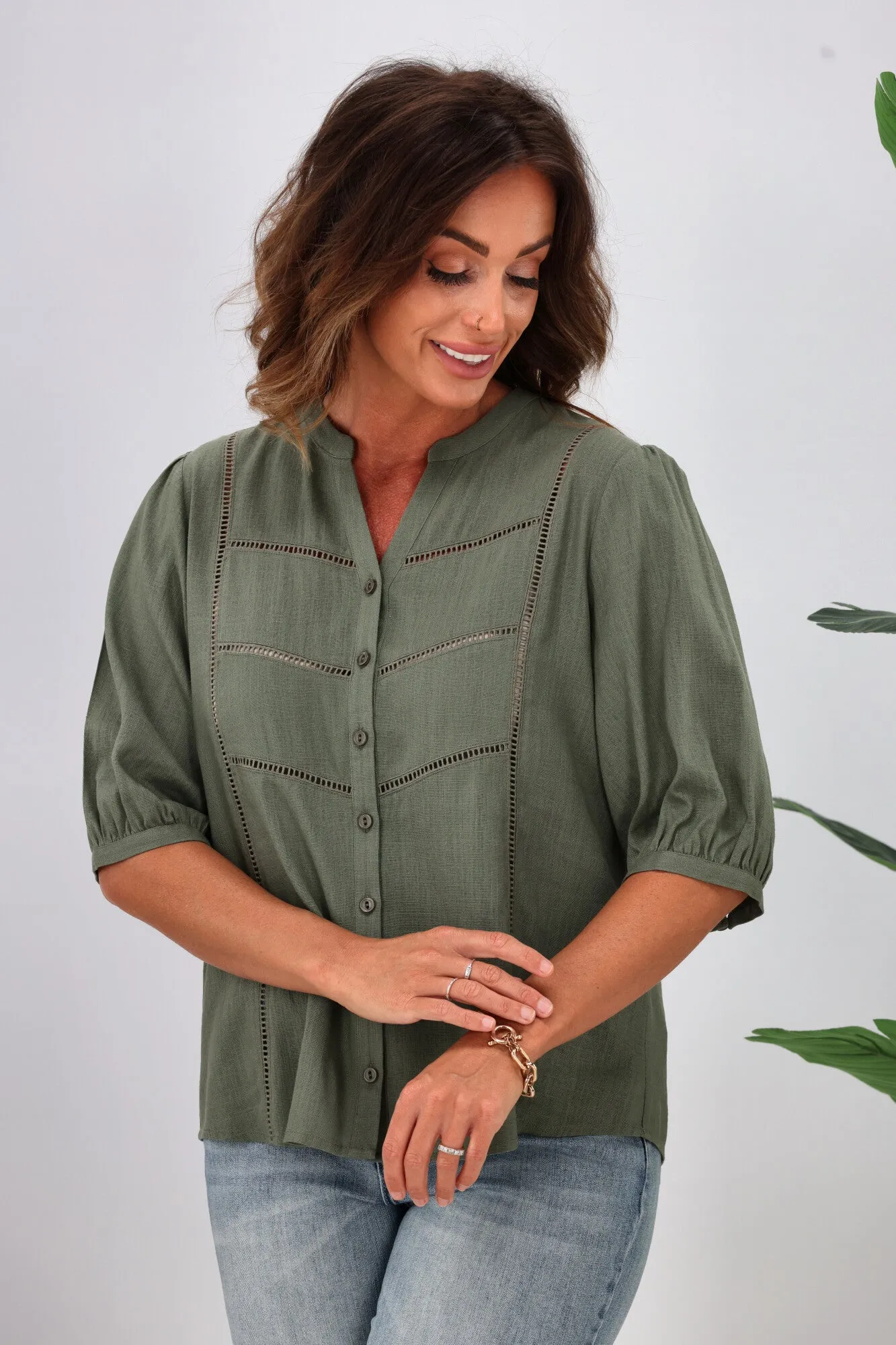 Gloss by Shine On Odette Linen Look Shirt Sage