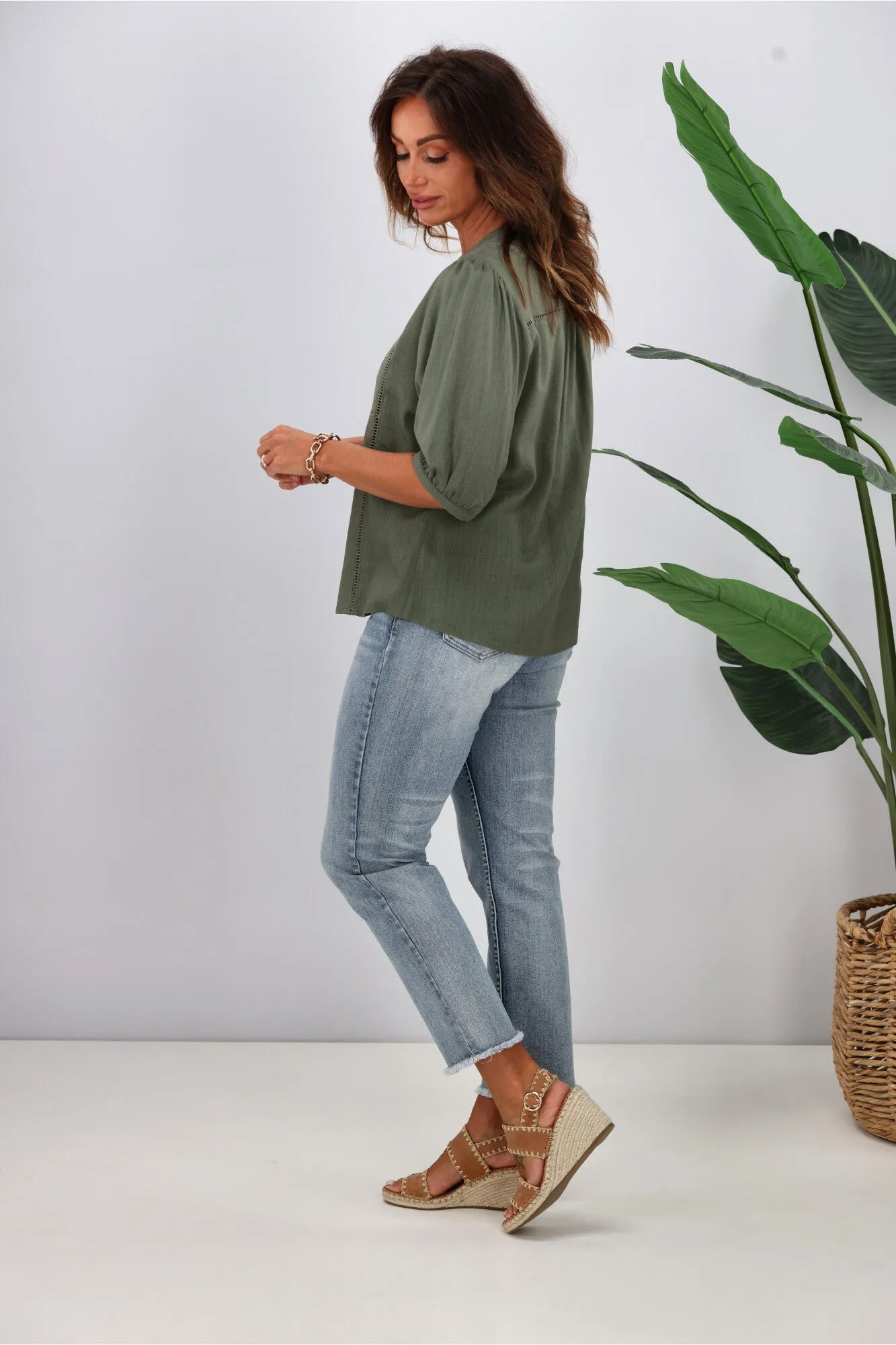 Gloss by Shine On Odette Linen Look Shirt Sage