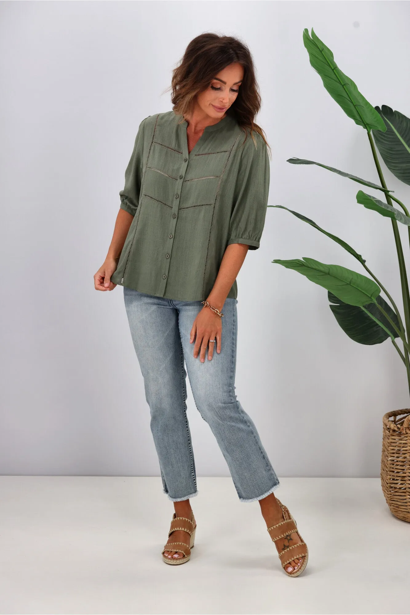 Gloss by Shine On Odette Linen Look Shirt Sage