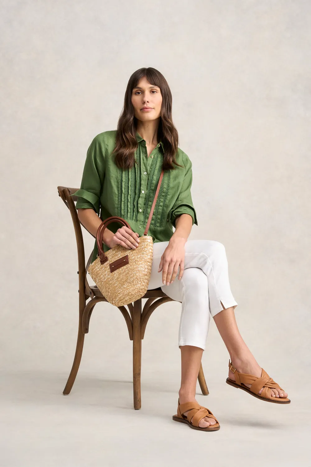 Lace Trim Linen Shirt - Khaki