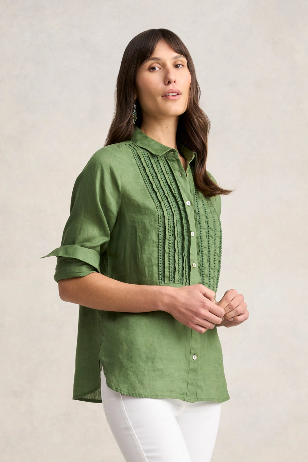 Lace Trim Linen Shirt - Khaki