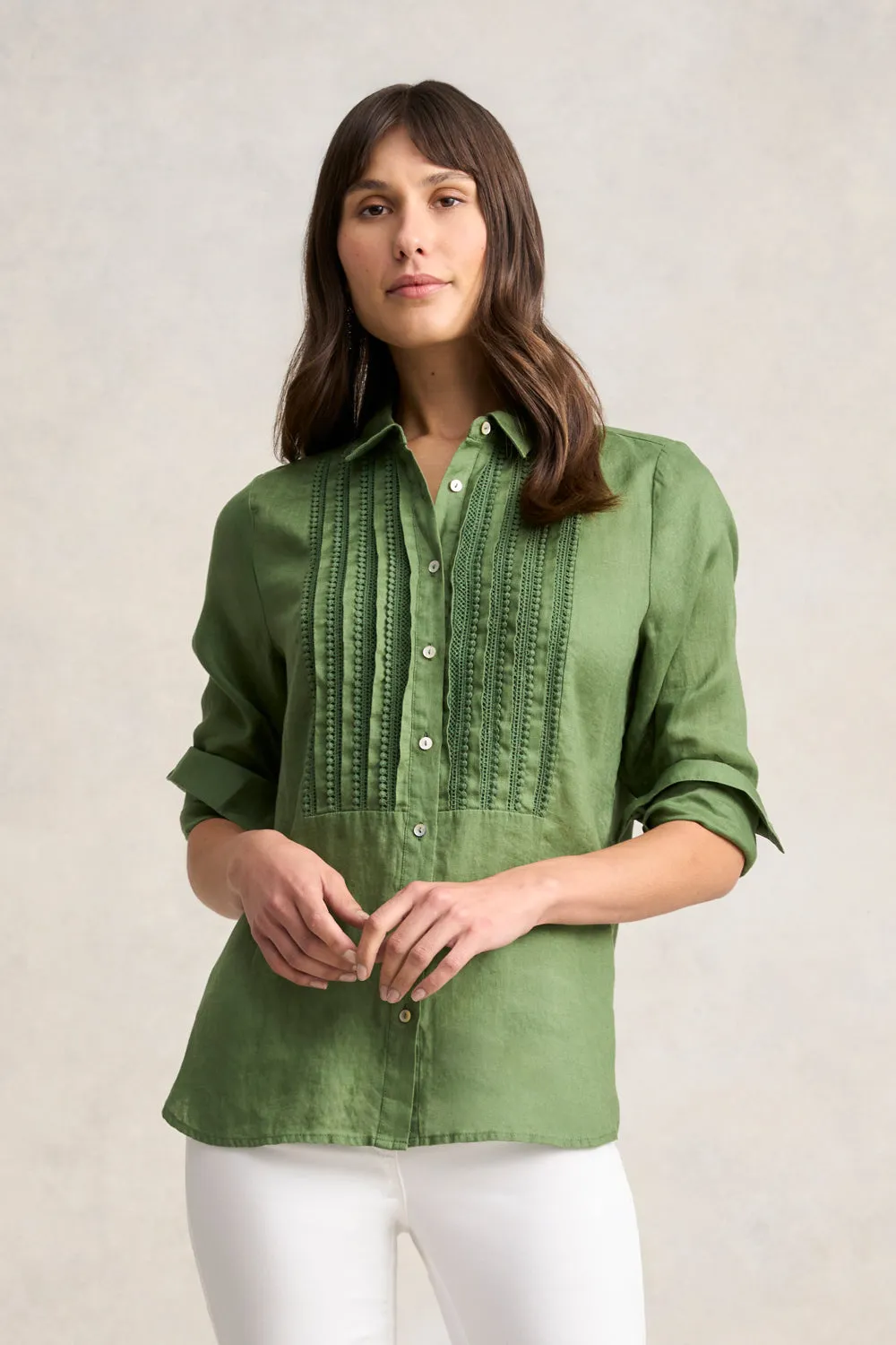 Lace Trim Linen Shirt - Khaki