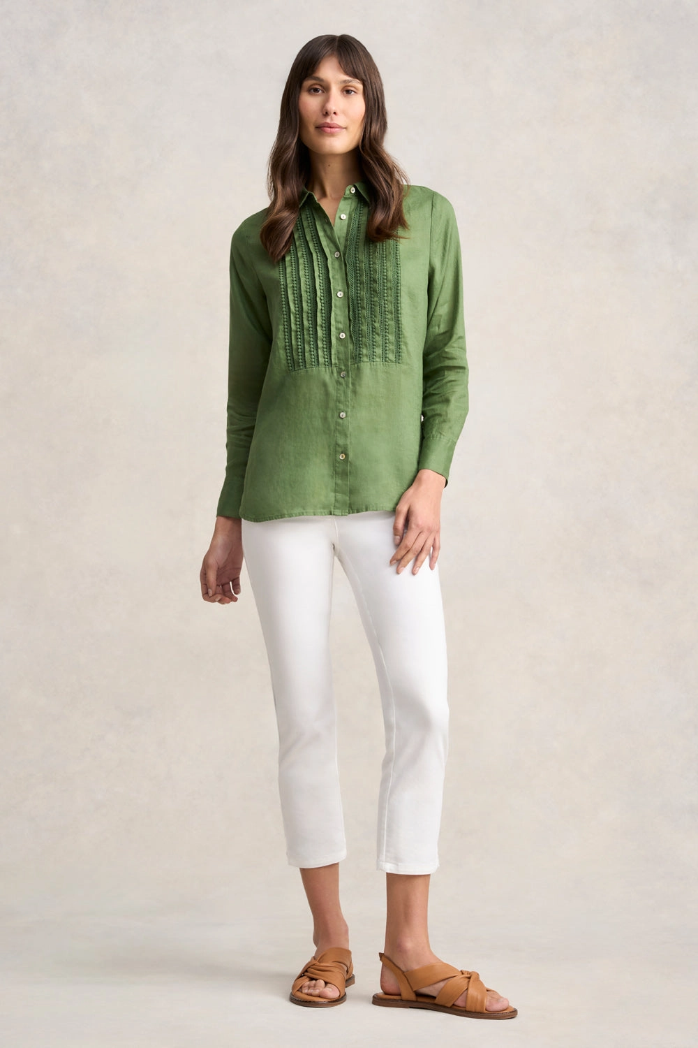 Lace Trim Linen Shirt - Khaki
