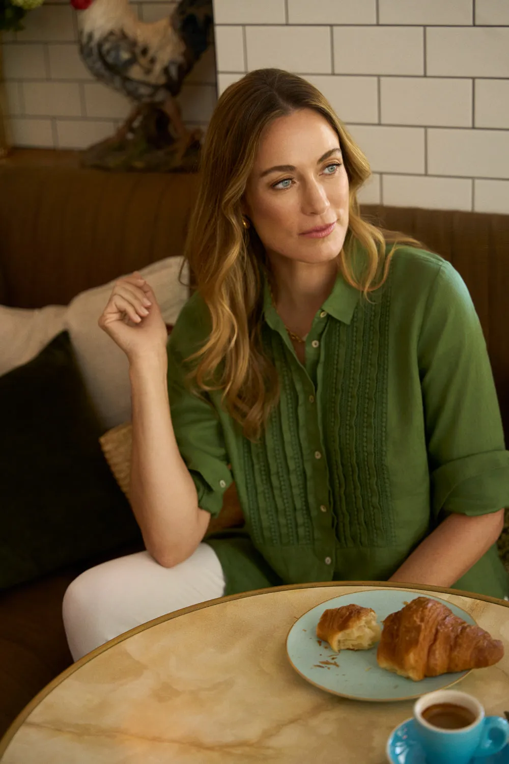 Lace Trim Linen Shirt - Khaki