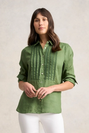 Lace Trim Linen Shirt - Khaki