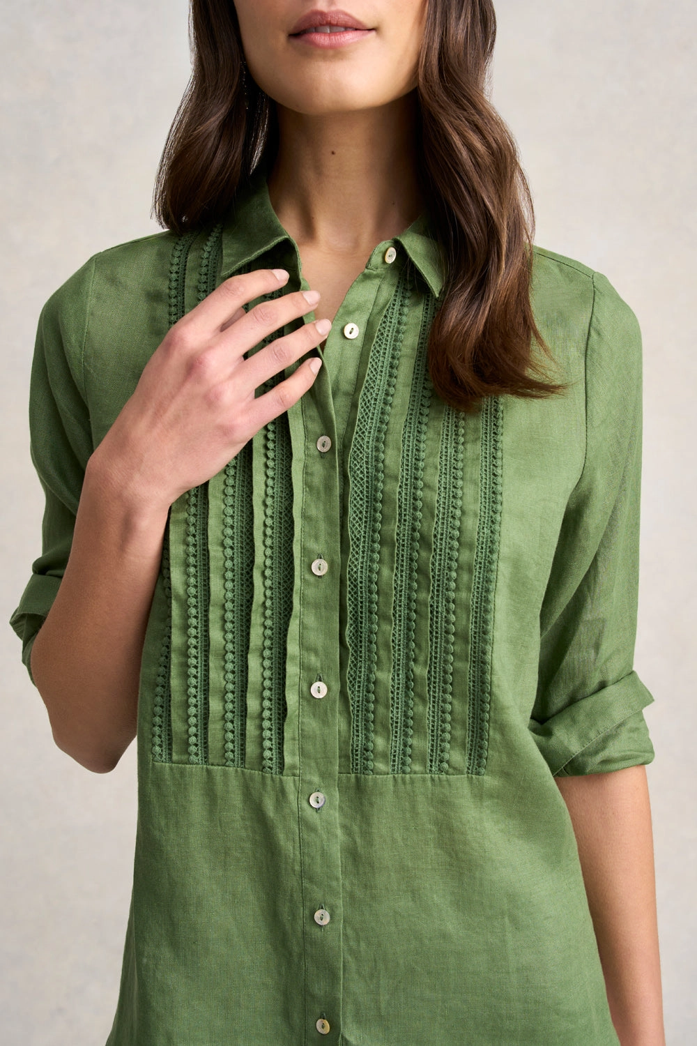 Lace Trim Linen Shirt - Khaki