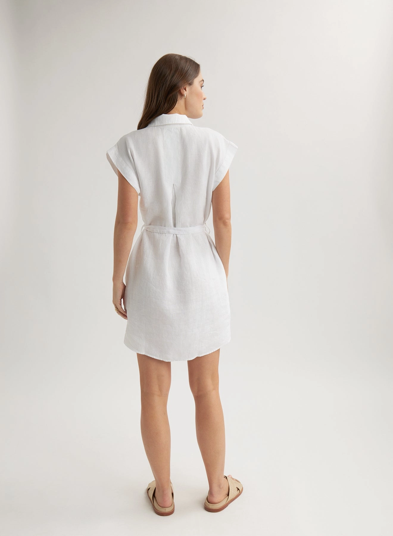 Linen Belted Tunic Shirt Dress - White