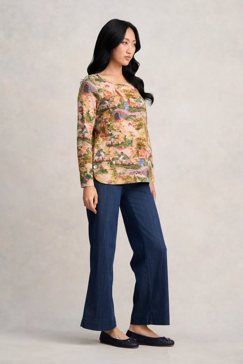 Long Sleeve Organic Cotton T-Shirt - Autumn Cottage Print