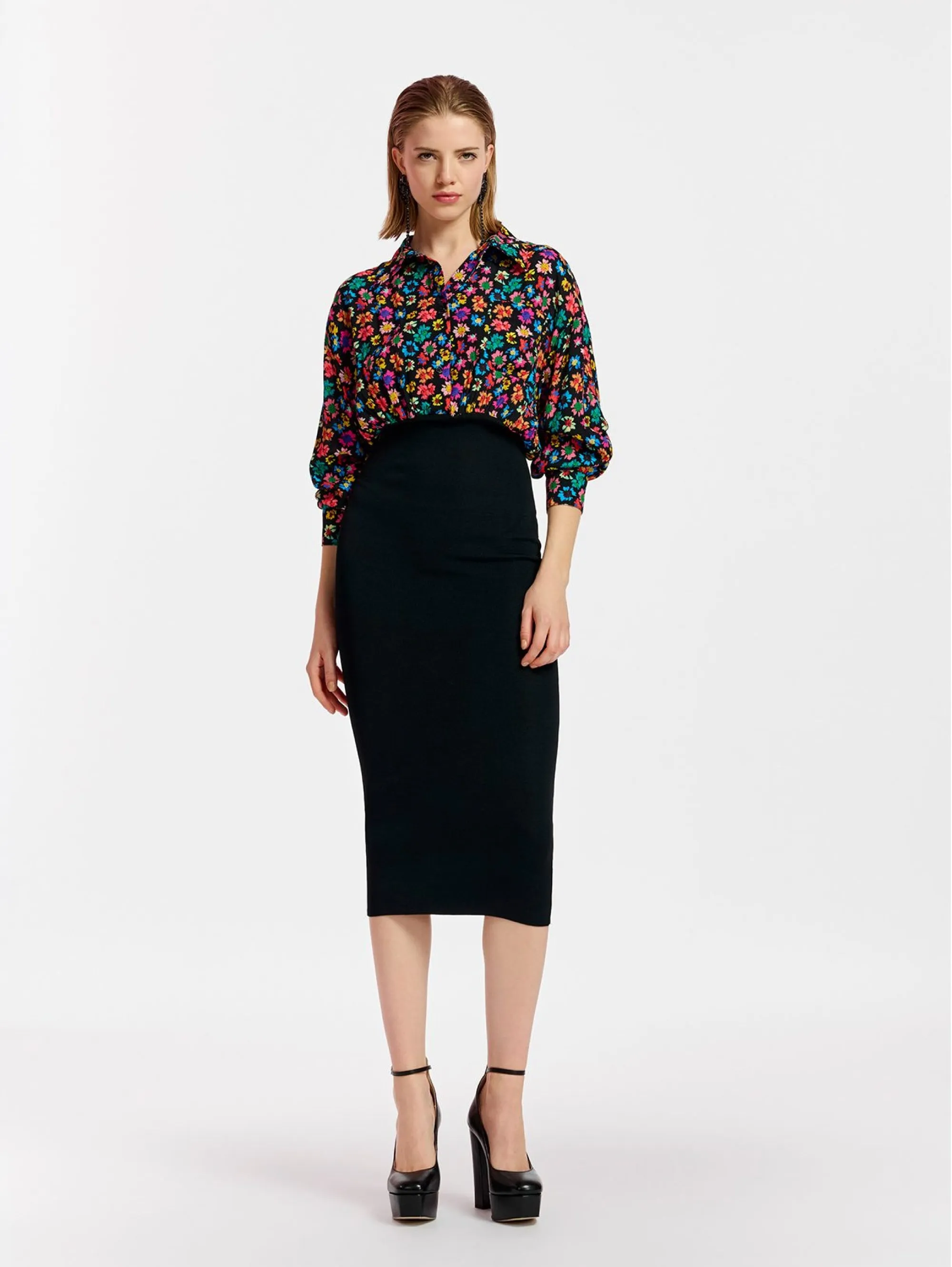 Midi Dress Combined with Black Knitted Skirt
