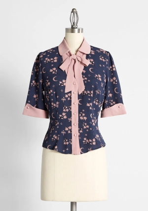 Moonflower Blooms Tie-Neck Blouse