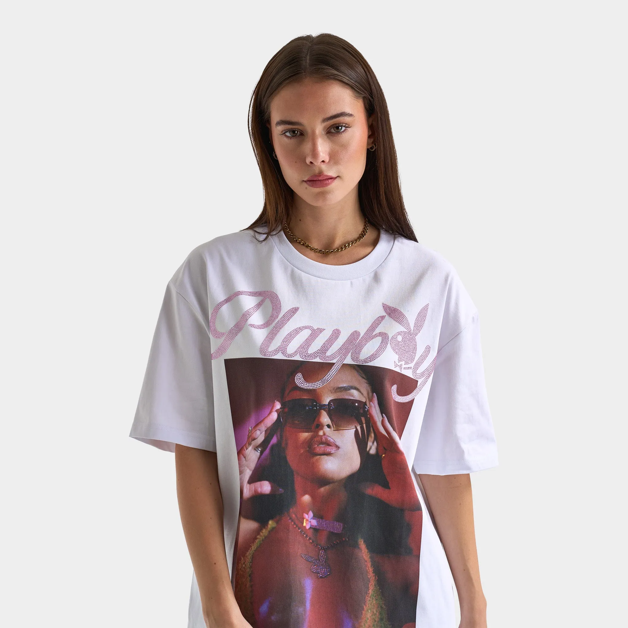 Playboy Women's Diamonte Izabela Oversized Graphic T-Shirt /