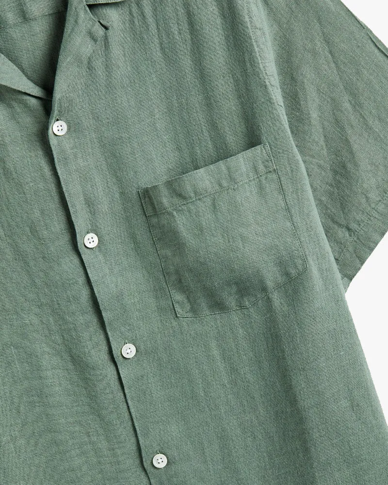 Portuguese Flannel Linen Camp Collar Shirt - Dry Green