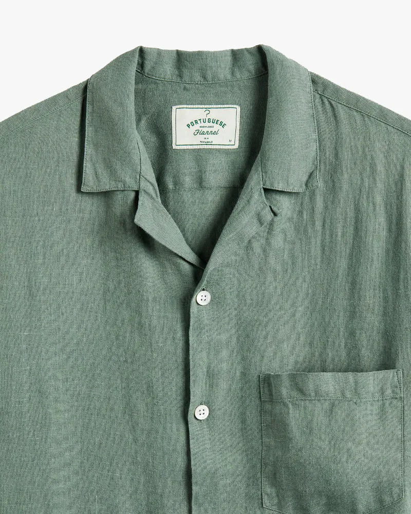Portuguese Flannel Linen Camp Collar Shirt - Dry Green