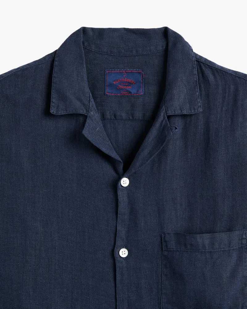 Portuguese Flannel Linen Camp Collar Shirt - Navy