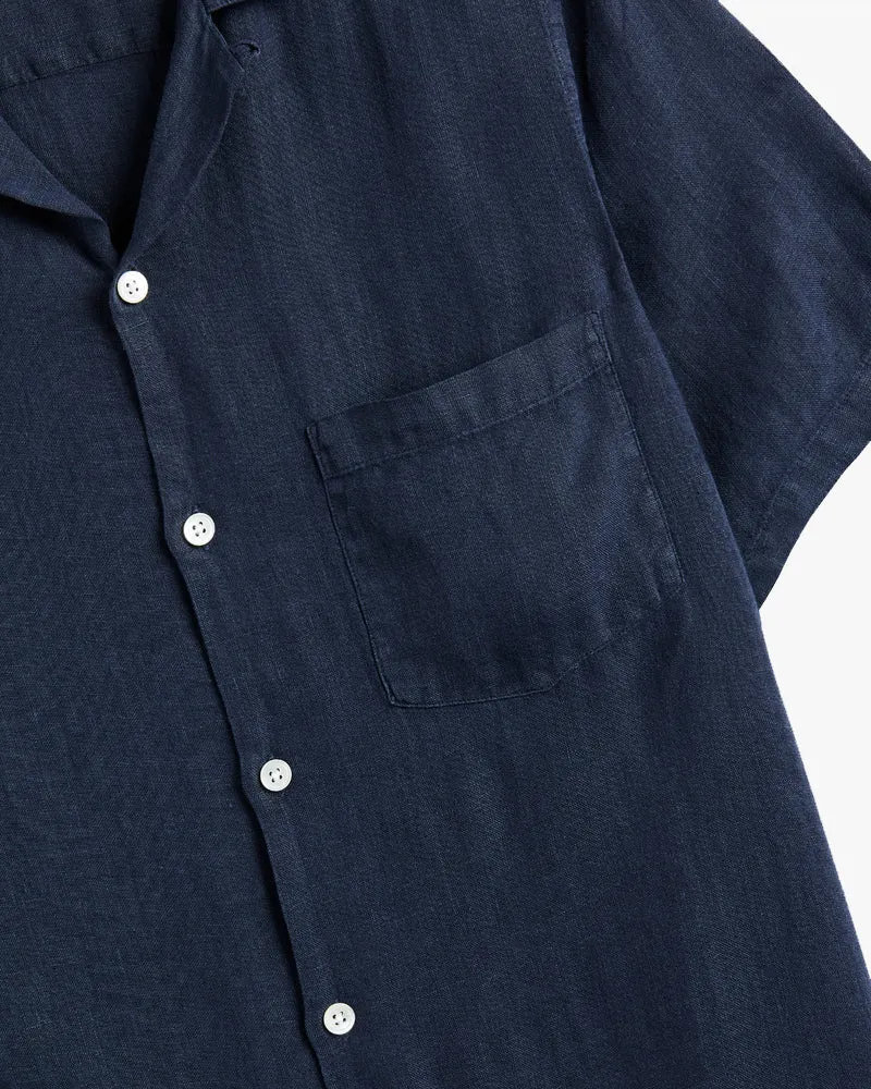 Portuguese Flannel Linen Camp Collar Shirt - Navy
