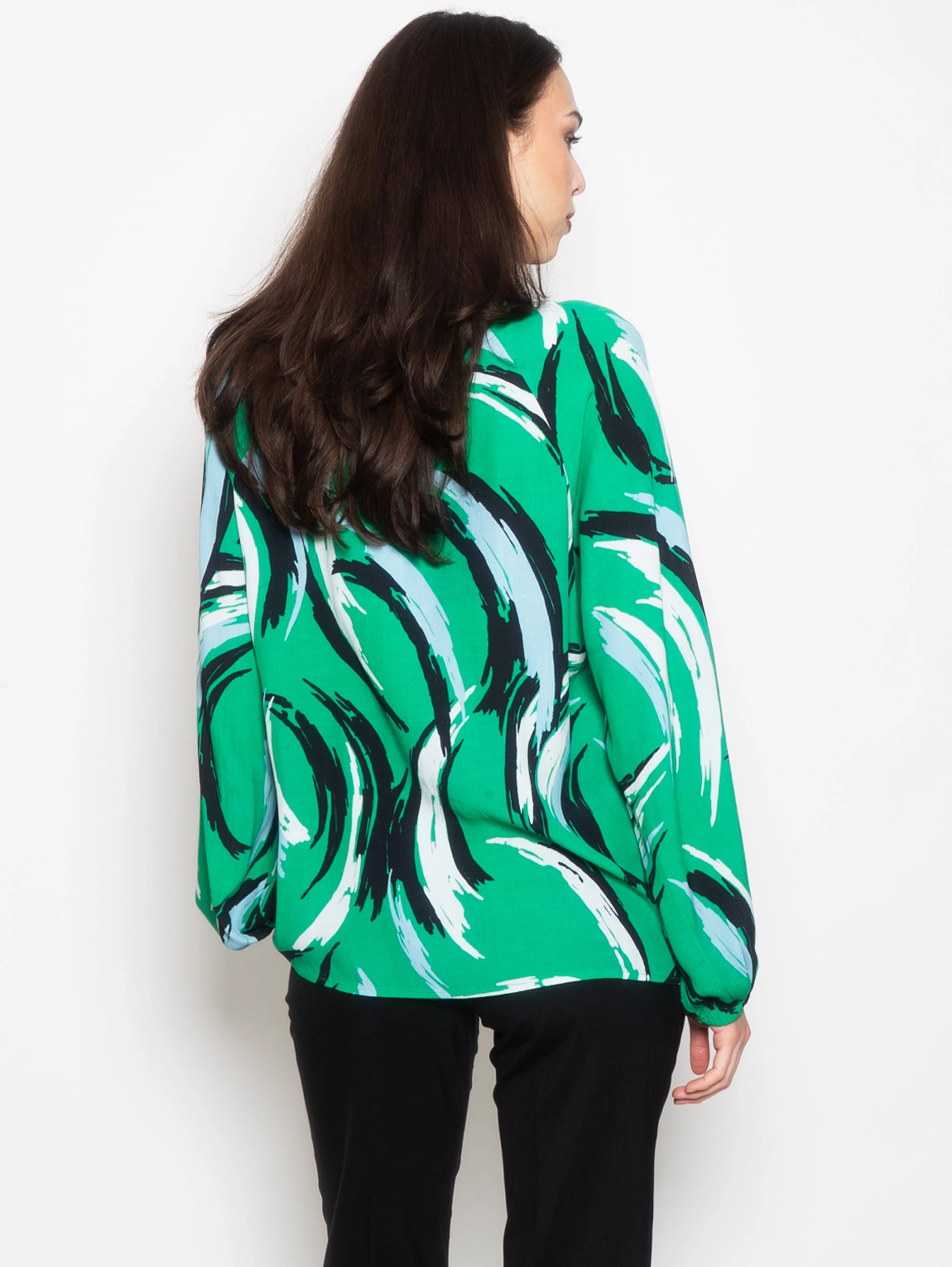 Printed Blouse with Green Balloon Sleeves