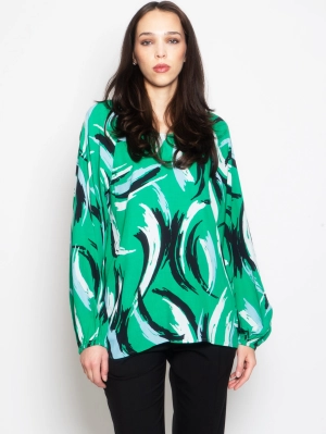 Printed Blouse with Green Balloon Sleeves