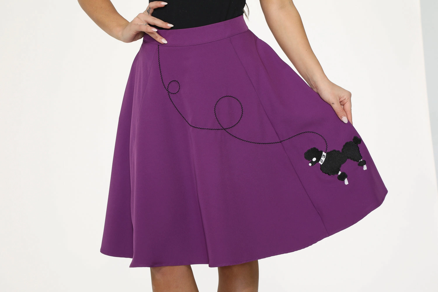 Purple Black Embroidered Poodle Swing Skirt