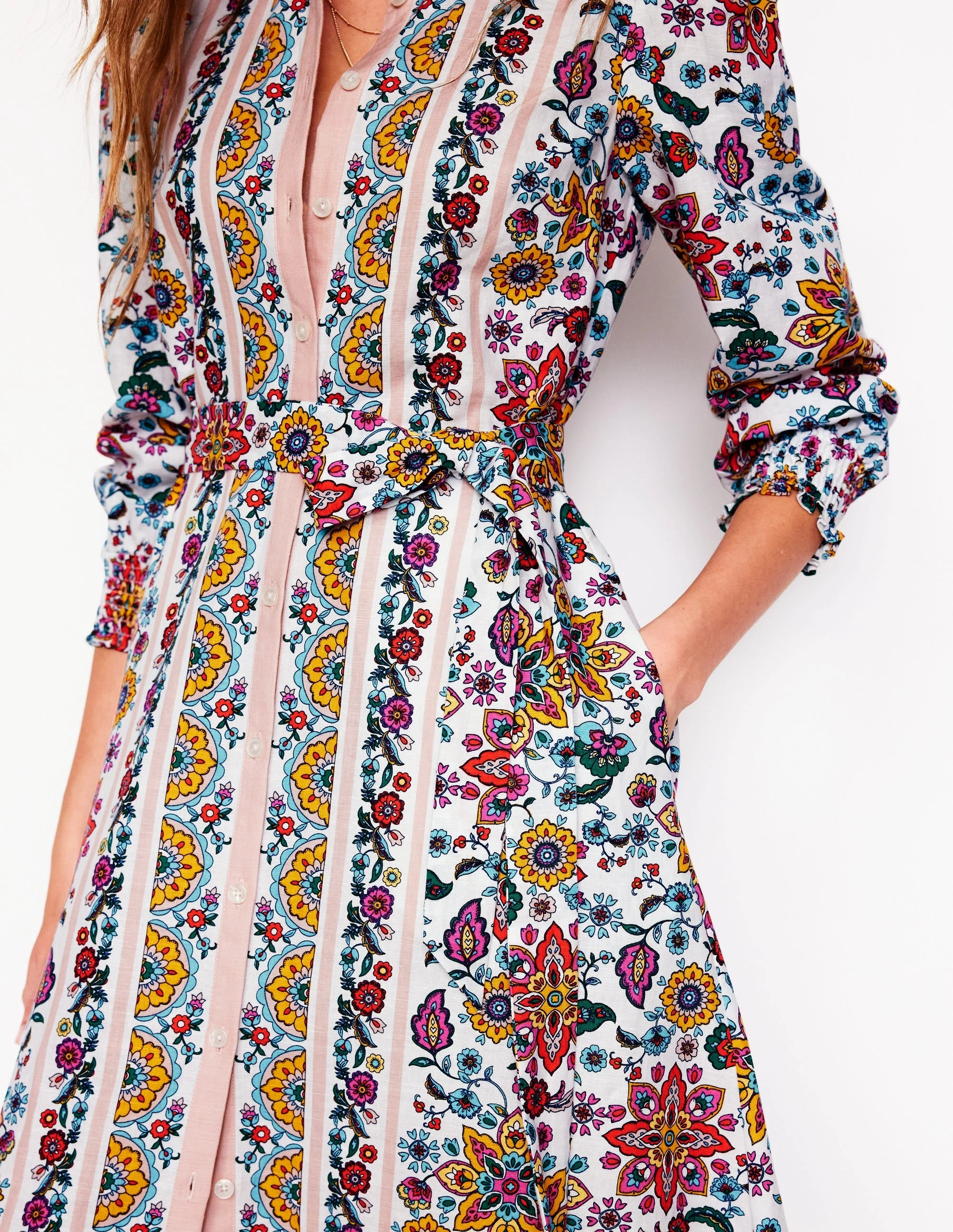 Ruby Linen Blend Shirt Dress-Ivory. Botanical Sprig
