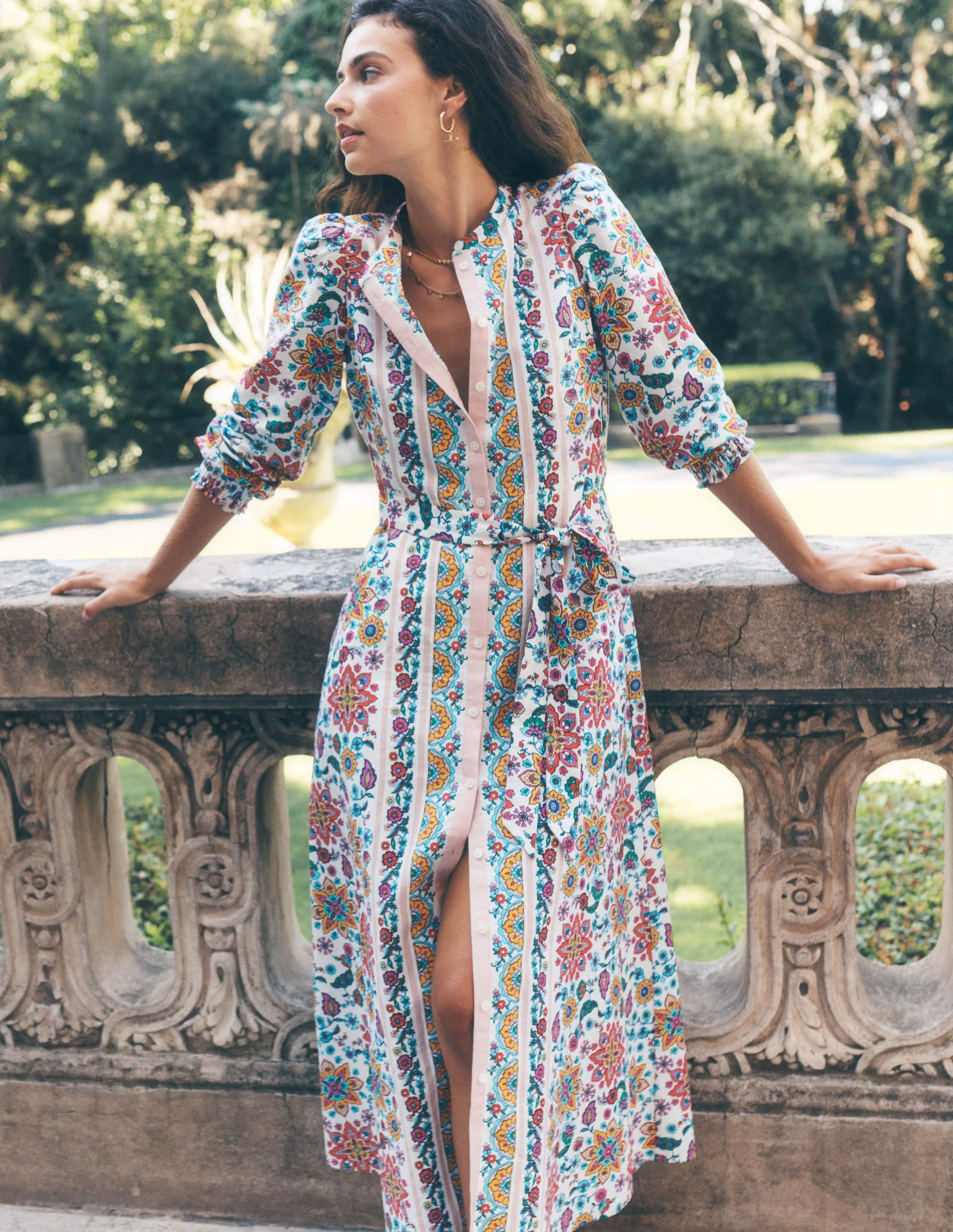 Ruby Linen Blend Shirt Dress-Ivory. Botanical Sprig