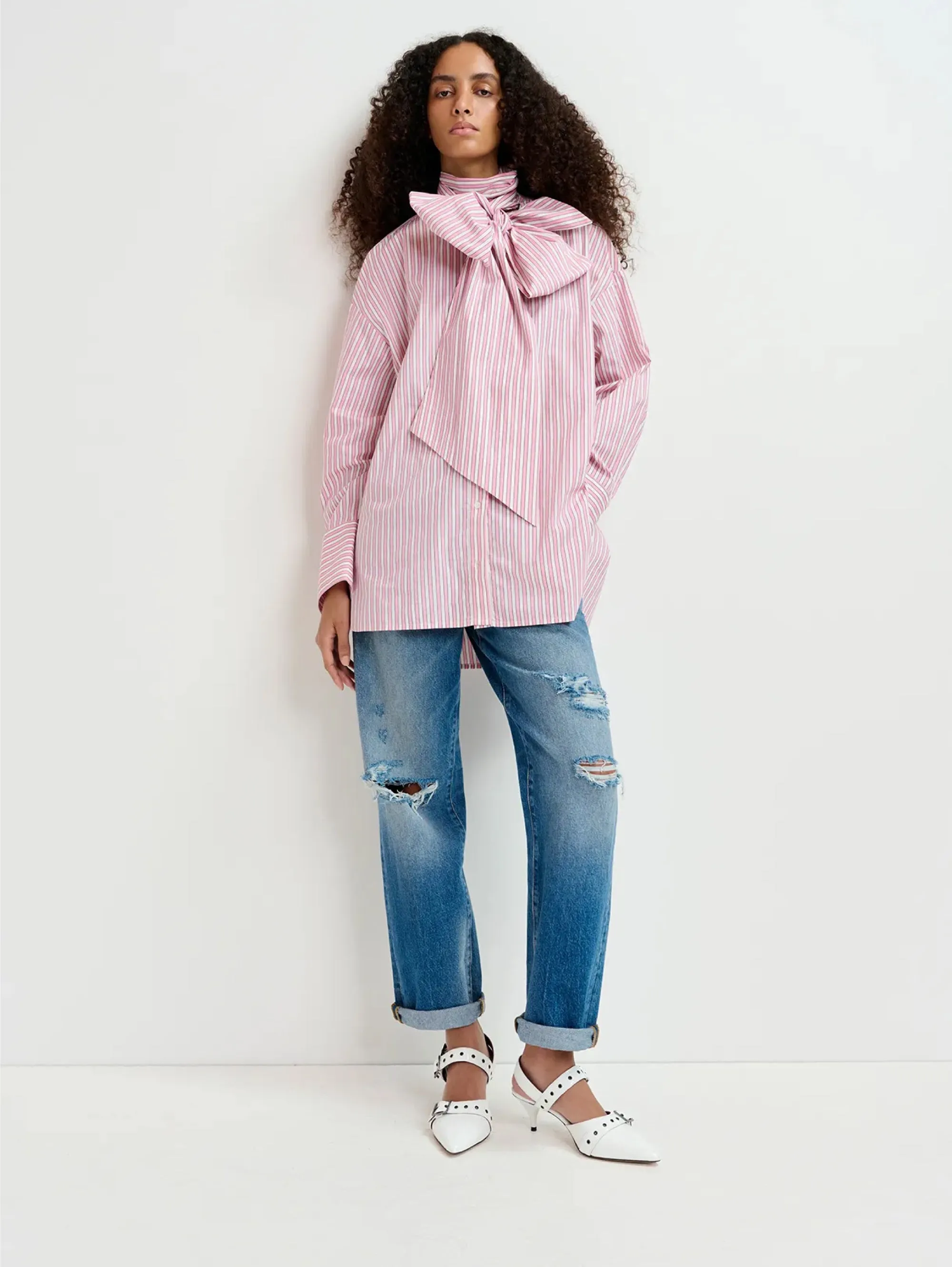 Striped Shirt with Maxi White/Pink Bow