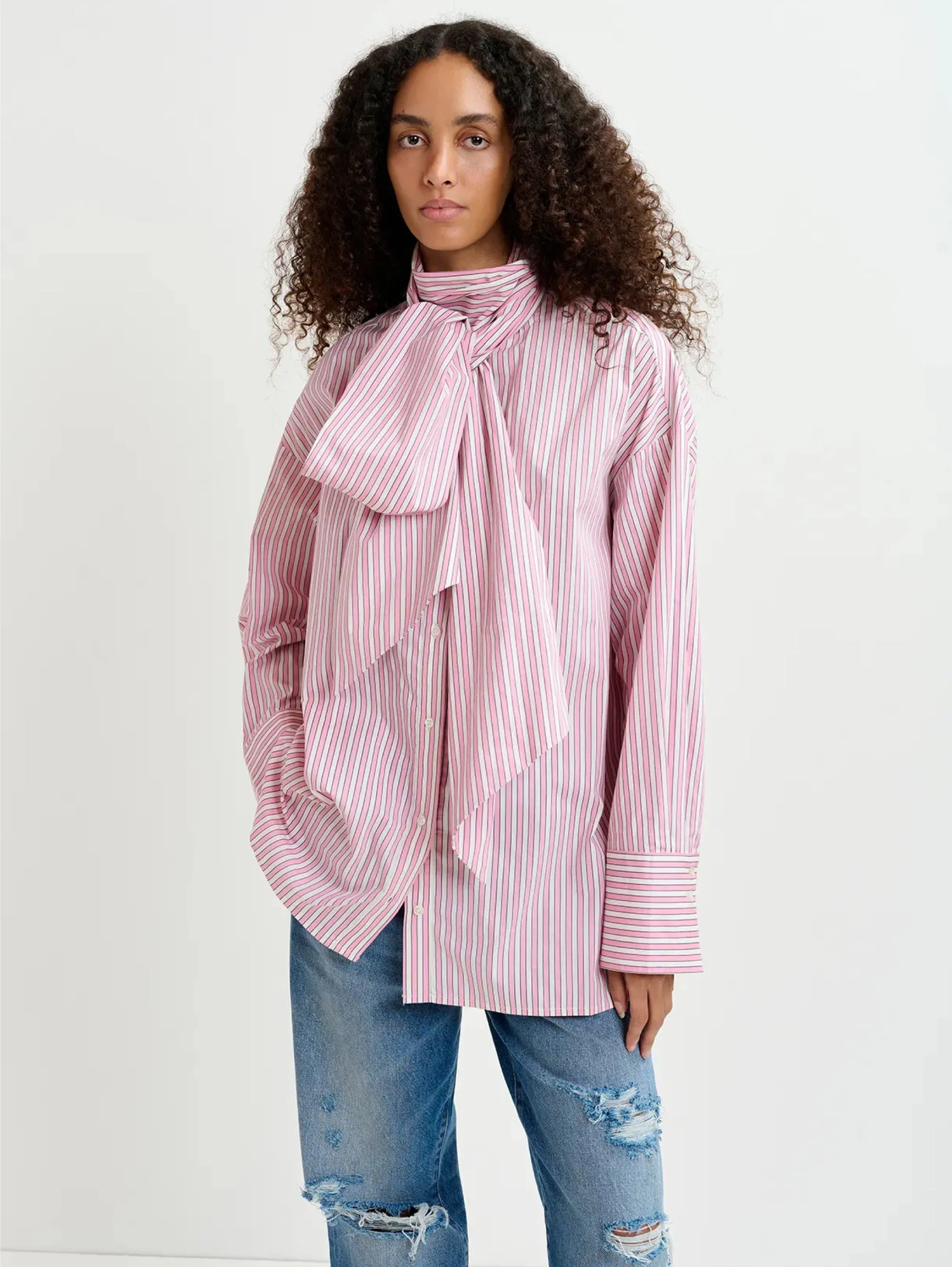 Striped Shirt with Maxi White/Pink Bow