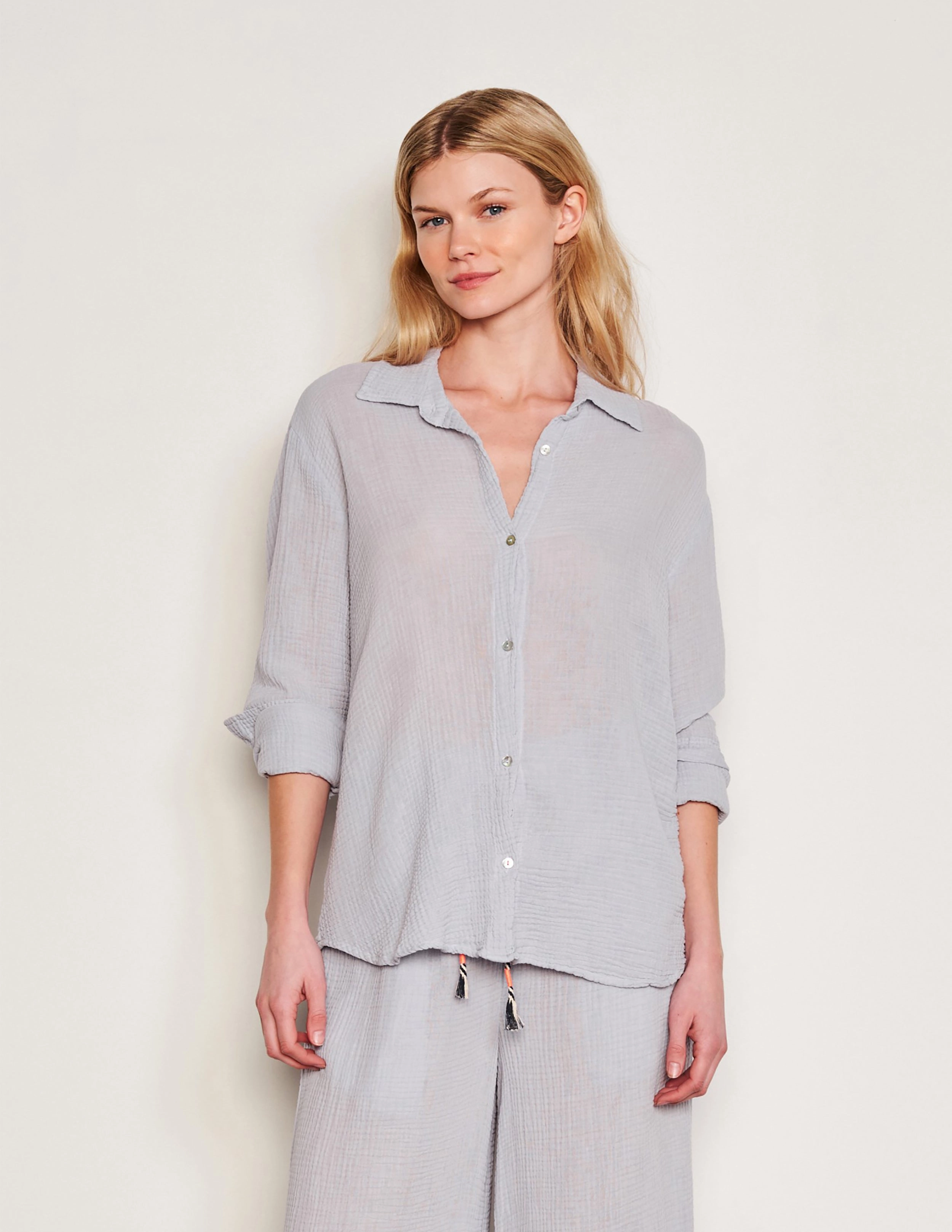 Sundry Classic Shirt & Wide Leg Pant Set in Blue Linen